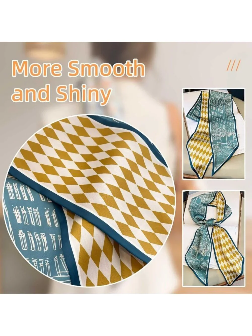 Women's Green Yellow Grid Silky Satin Headscarf Wrap Lightweight Scarves Scarf